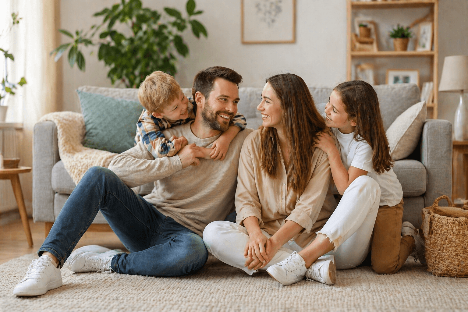 Familie vor Sofa